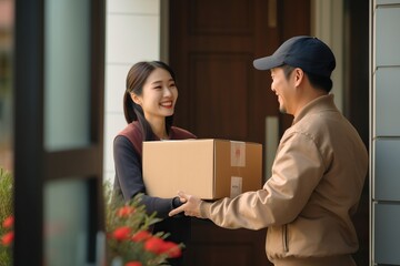 Courier from company handing box to young Asian woman at door, concept of delivery service