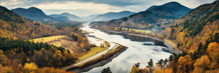 Appalachian Mountains, autumn foliage, winding river through valleys, overcast sky, muted tones