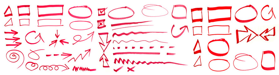 collection of hand drawn red pen on white background.