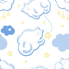 Vector seamless pattern of clouds in the form of cats in the sky with stars. Children's print for printing on textiles, paper, packaging, wallpaper. Ornament for baby clothes.