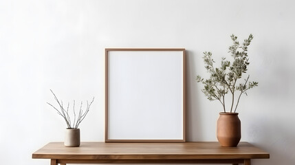 Empty mock up poster frame on white stucco wall above wooden cabinet. Rustic style interior design of modern living room in farmhouse