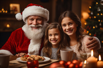 Fototapeta na wymiar Happy family at Christmas table, father in Santa Claus suit and hat with daughters