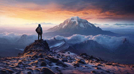 Kilimanjaro summit, Africa, lone trekker in foreground for scale, glaciers and volcanic craters visible, stark beauty, pre - dawn light - obrazy, fototapety, plakaty