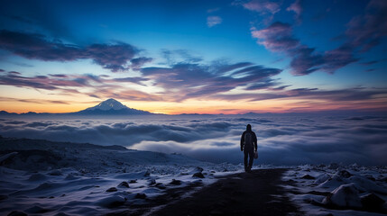 Kilimanjaro summit, Africa, lone trekker in foreground for scale, glaciers and volcanic craters visible, stark beauty, pre - dawn light