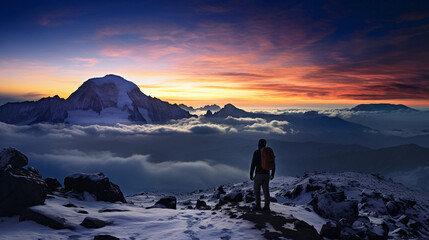 Kilimanjaro summit, Africa, lone trekker in foreground for scale, glaciers and volcanic craters visible, stark beauty, pre - dawn light