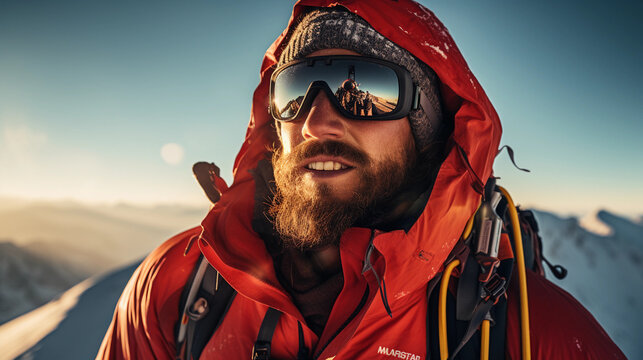 a mountaineer nearing the summit, ice axes in hand, determined expression, 40s, wearing red parka and snow goggles, ropes and carabiners visible, morning light