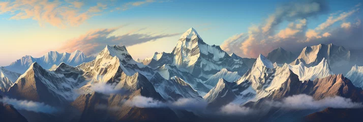 Papier Peint photo Himalaya panorama of the Himalayas at sunrise, golden light spilling over craggy peaks, alpenglow, scattered snow, deep blue sky, expansive scale
