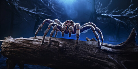 tarantula spider perched on a rustic log, moonlight, eerie atmosphere, blue light accents - obrazy, fototapety, plakaty