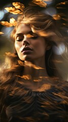 a poised female portrait, blending seamlessly with a double exposure of an autumn forest canopy, her gaze catching focused light as leaves trace her contours