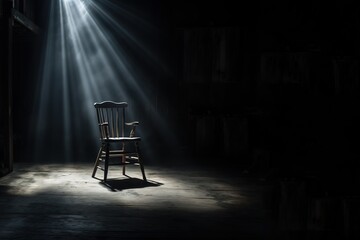 photo of an ancient chair under the spotlight from above. Generative AI