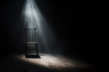 photo of an ancient chair under the spotlight from above. Generative AI