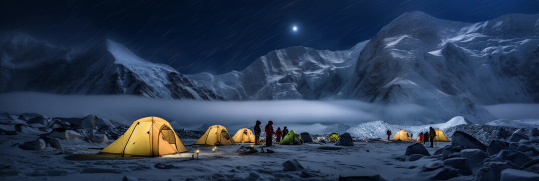 high - altitude mountaineering camp, multiple tents pitched on snow, oxygen tanks and climbing gear neatly arranged, moonlit night