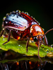 Madagascar hissing cockroach on a leaf, dewdrops, morning light