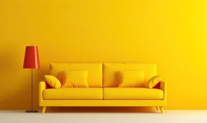 a yellow interior design with sofas and decorative lamps. Generative AI