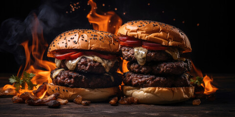 Tasty hamburger with stacked burger patties, cheese and dripping sauce on a dark moody background...