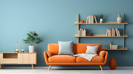 Beige loveseat sofa with orange pillows and blanket against blue wall and wooden bookcase. Scandinavian interior design of modern living room