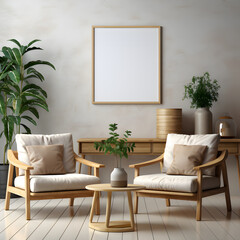 Beige sofa and armchair near white wall. Interior design of modern living room with empty blank mock up poster frame