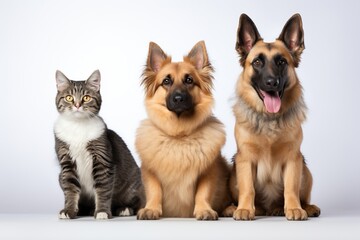 dogs and cats sitting in a row, white background, pet concept, white background