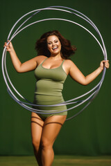 Obese brunette woman spins hula hoop on blue background.