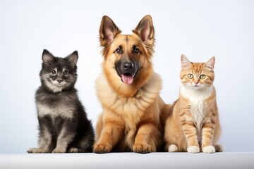 dogs and cats sitting in a row, white background, pet concept, white background