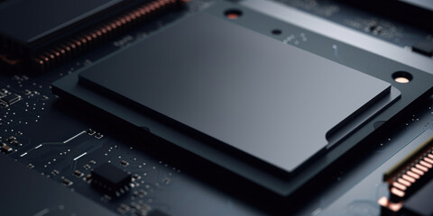 Close up of a solid state drive or ssd on a black motherboard, Detail of hard drive for data storage