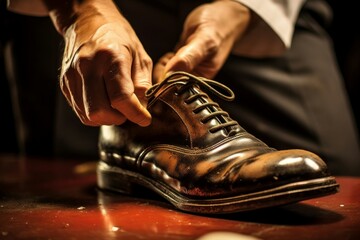 Shoe polishing closeup luxury service. Wooden master texture fashion design. Generate Ai