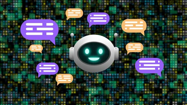 digital artificial intelligence animation with animated robot and chat icons. global virtual assistant, support system and chatbot website concept.