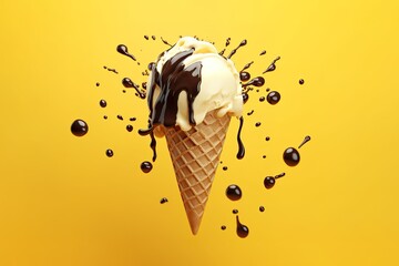 ice cream with chocolate splashes on yellow background. Generative AI - obrazy, fototapety, plakaty