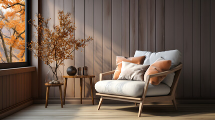 Brown chair and beige sofa against window in spacious room with wooden paneling wall. Scandinavian style home interior design of modern living room