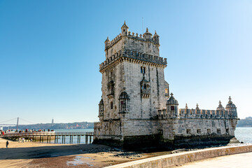 Lisbon, Portugal - February 2023 - View of the Torre de Belém. Belem Tower - Landmark of Lisbon, Portugal