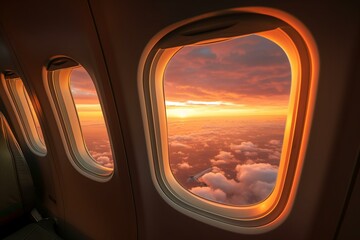 Sunset illuminates through airplane window. Generative AI