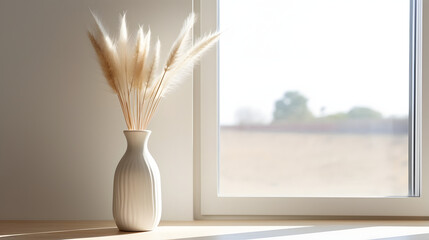 Ceramic ripple vase with pampas grass on table against window. Home decor background with copy space. Minimalist interior design of modern living room