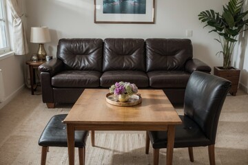  luxury livingroom interior design mockup with black leather furniture and picture frame in a wall.