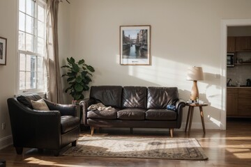  luxury livingroom interior design mockup with black leather furniture and picture frame in a wall.