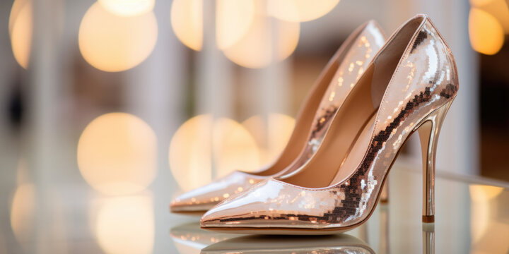 Close-up of elegant shiny pink designer high heels, Detail of high quality luxury fashion shoes