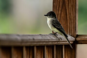 Closeup of an Eastern phoebe perched on the wooden fence rail
