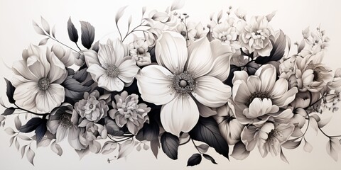 Elegant Black and White Flower Background. Monochrome Floral Illustration