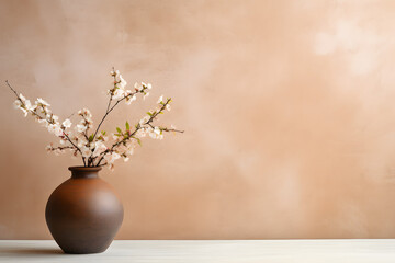 Clay vase with blossom twig on concrete floor near beige stucco wall. Home decor background with copy space. Minimalist interior design of modern living room