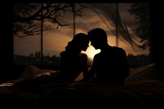 Silhouette of couple in bed at night time city adult. Sexual relatives united affection. Generate Ai