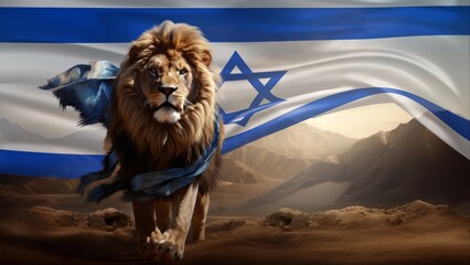 Lion of Judah in Help of Israel War with Flag. AI Generative - obrazy, fototapety, plakaty