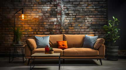 Comfortable sofa against grunge brick wall with copy space. Loft style interior design of modern living room 