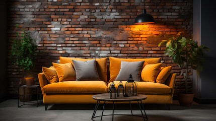 Comfortable sofa against grunge brick wall with copy space. Loft style interior design of modern living room
