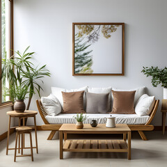 Cozy loveseat sofa and wooden coffee table against window. Poster frame on white wall. Scandinavian interior design of modern stylish living room