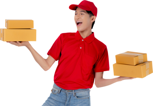 Young asian man in uniform red and cap standing carrying box stack with excited isolated white background, employee hold cargo, courier and delivery, transportation and service, logistic and cargo.