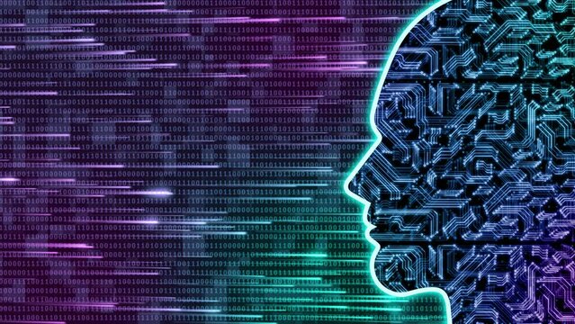 artificial intelligence abstract animation with digital human face and moving bright Ray's. ai Deep and machine learning related concept.