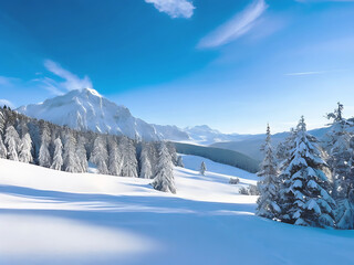 beautiful snowy landscape with the mountains, snowy forest and fir branches