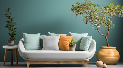 Fototapeta na wymiar Cozy sofa with white cushions and tree in big wooden pot against teal wall with frame. Scandinavian home interior design of modern living room
