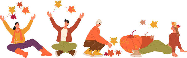 Autumn season beauty, characters of people explore parks and forests amidst the season of falling leaves,  illustration. Autumn joy for sales and events banners.
