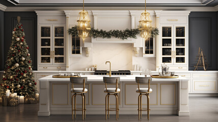 3d render of luxurious classic kitchen interior with christmas tree. generativa IA
