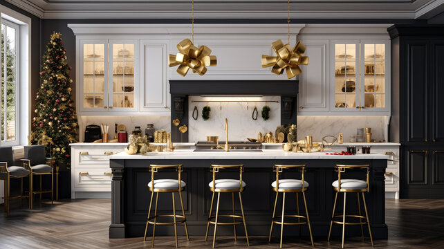3d render of luxury classic kitchen with christmas tree and fireplace generativa IA